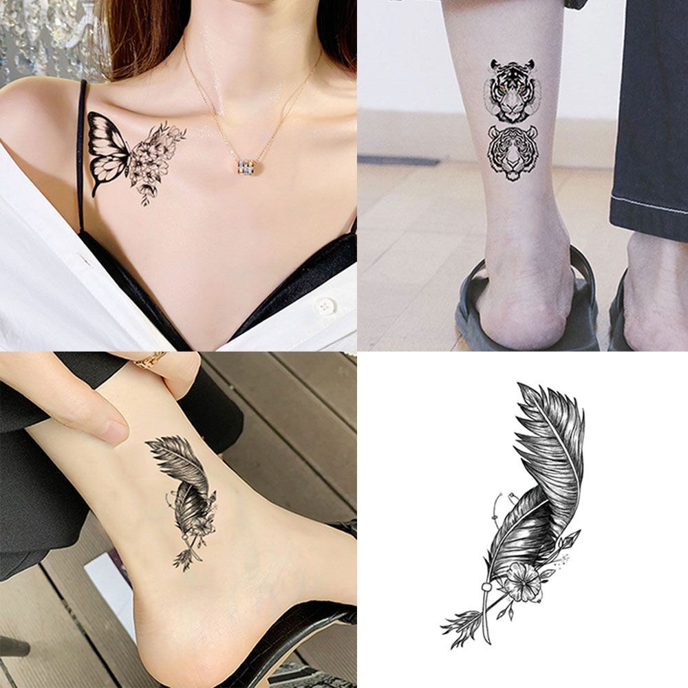 [Hàng mới về] Miếng dán hình xăm tạm thời họa tiết lông vũ /chú hổ / bươm bướm dễ thương chống nước