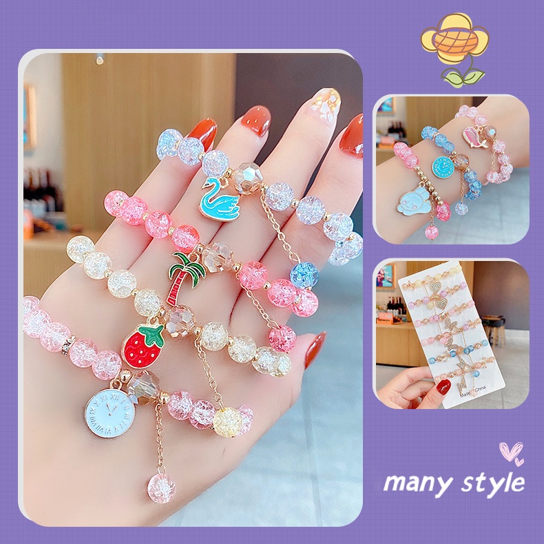 Vòng Tay Chuỗi Hạt Pha Lê Nhiều Màu Hình Trái Cây/ Bướm Hoạt Hình Dễ Thương Cho Bé Gái