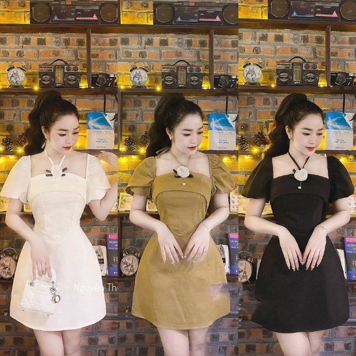 Váy cổ yếm tay bồng-Váy chữ A cài hoa trước ngực cực xinh,tôn dáng,from chuẩn cho các nàng tại sam_sam_shop_1011