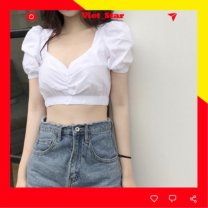 [HANG SIÊU ĐẸP] Áo croptop body ôm eo tay bồng hở rốn, màu trắng 99K