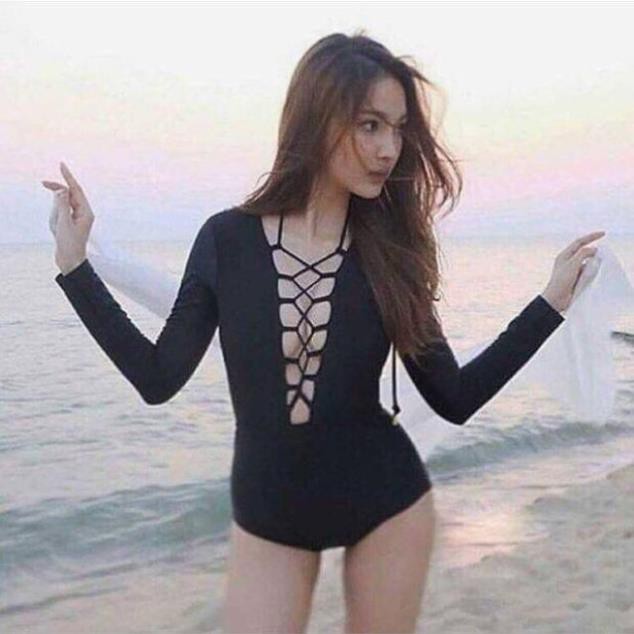 Áo tắm liền thân tay dài full black 👙