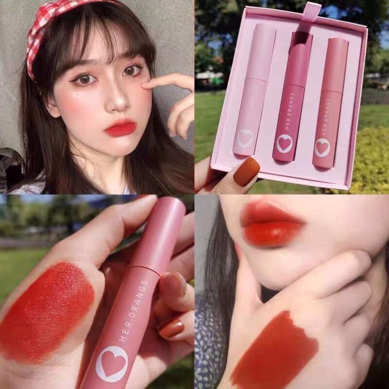 {sẵn hàng}𝙎𝙚𝙩 𝙨𝙤𝙣 𝙃𝙀𝙍 𝙊𝙍𝘼𝙉𝙂𝙀 trái tim 3c x slim lip gloss kit