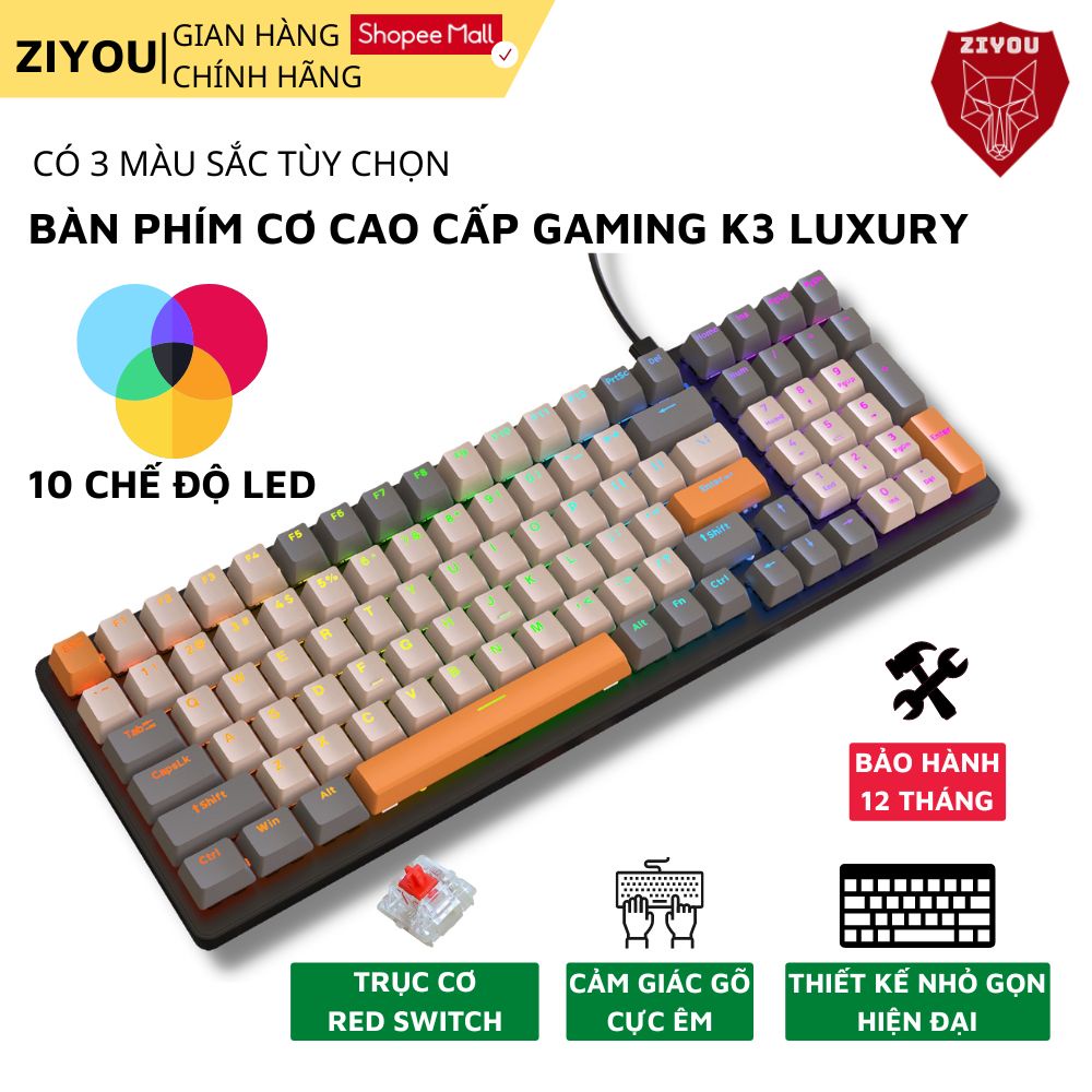 Bàn Phím CƠ ZIYOU K3 Luxury Cao Cấp, Phím Gõ Êm Sử Dụng Trục Cơ Red Switch, Led 16,5 Triệu Màu 10 Chế Độ, Bảo Hành 12t