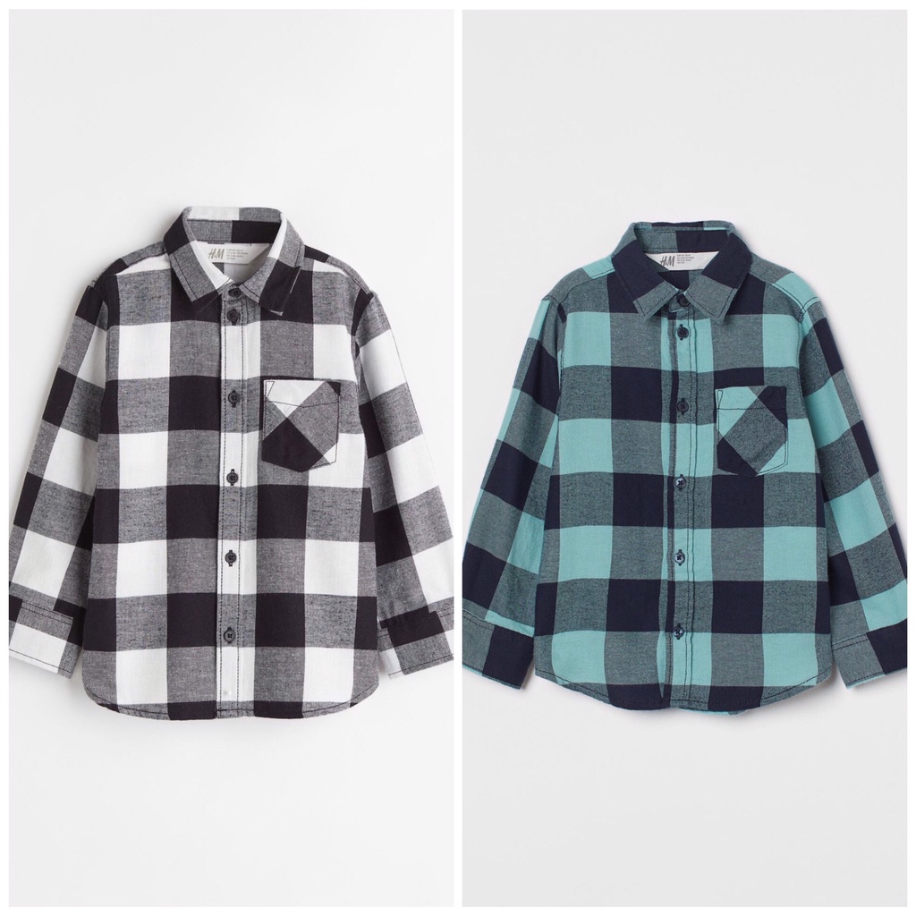 Áo Sơ Mi H&M Màu Sọc Caro Trắng Đen - Xanh lam ngọc cho bé trai