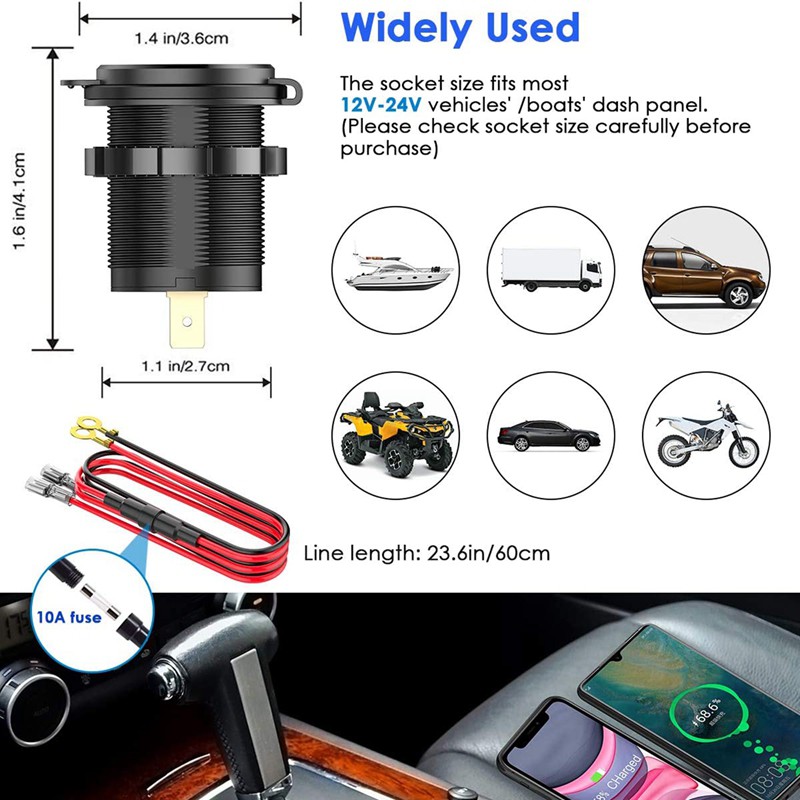 12V USB Outlet, Waterproof 12V/24V 24W 4.8A Dual USB Charger Socket Power Outlet Adapter with LED Voltmeter Switch