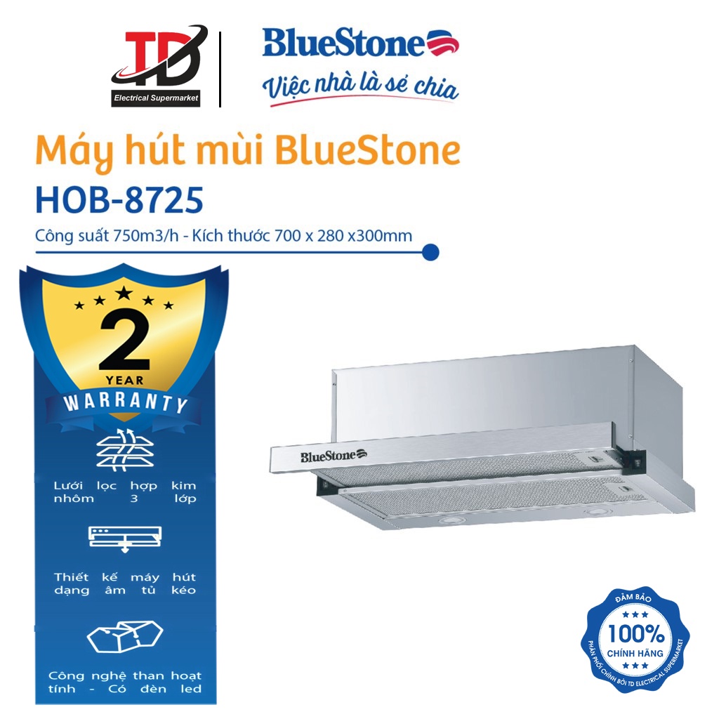 [Mã ELHAMS5 giảm 6% đơn 300K] Máy hút mùi âm tủ BlueStone HOB-8725 Công suất hút 750 m³/h - Bảo hành 2 năm