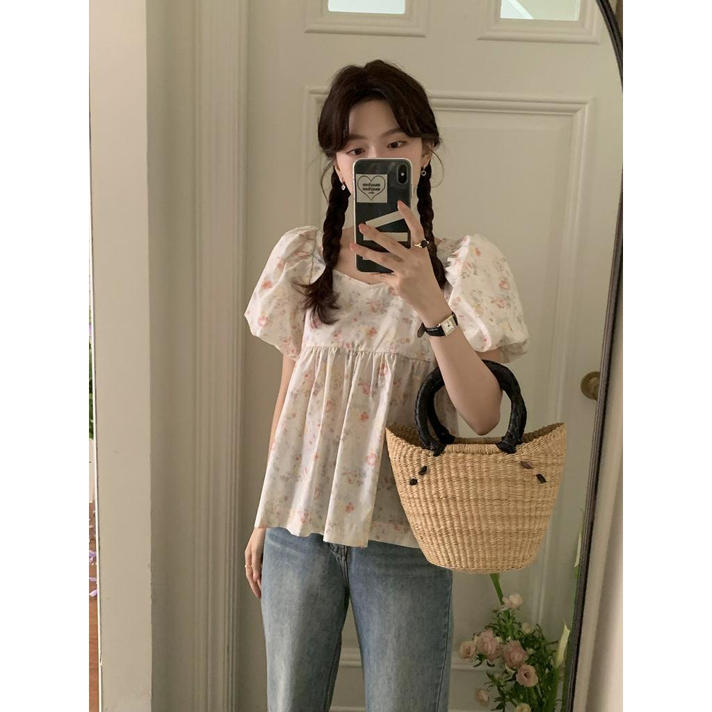 Áo Hoa Cổ Vuông Tay Phồng Dáng Rộng Thời Trang Hàn Quốc Sành Điệu 63561