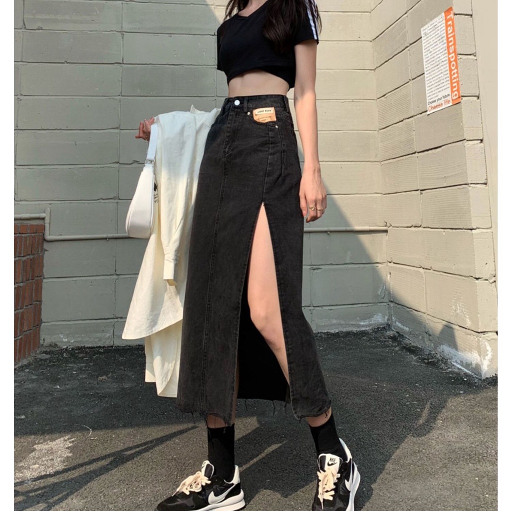 Jiashucheng Chân Váy Jean Chữ a Lưng Cao Xẻ Tà Thời Trang Mùa Hè Phong Cách Mới Cho Nữ