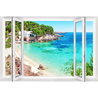 Tranh dán tường 3D cửa sổ biển 4 BINBIN CS83 (IN THEO KÍCH THƯỚC YÊU CẦU)