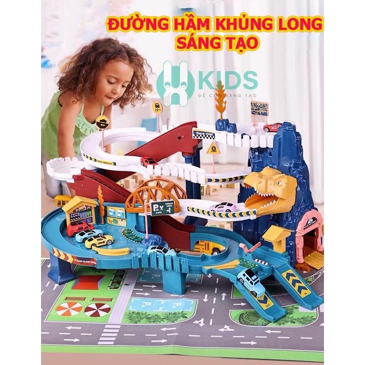 Đường hầm khủng long lắp ráp kèm nhiều ô tô chạy tự động, đồ chơi đường đua sáng tạo có nhạc đèn vui nhộn trẻ em