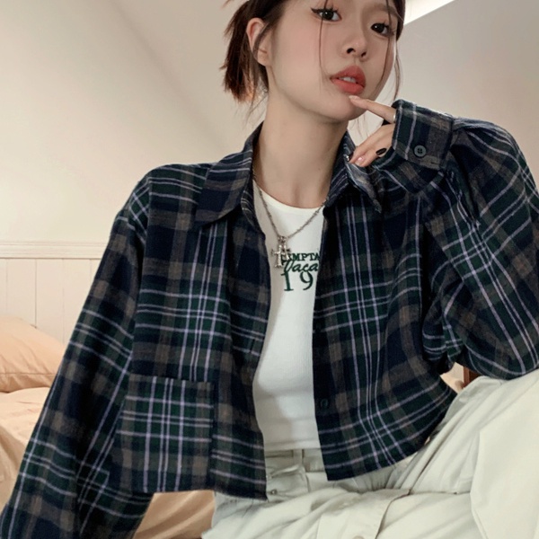 Áo sơ mi SUXI tay dài họa tiết sọc caro thời trang cho nữ