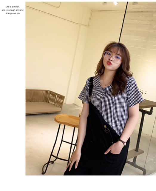 Áo sơ mi nữ caro big size tay ngắn cổ sen 2 tầng size 65-100kg