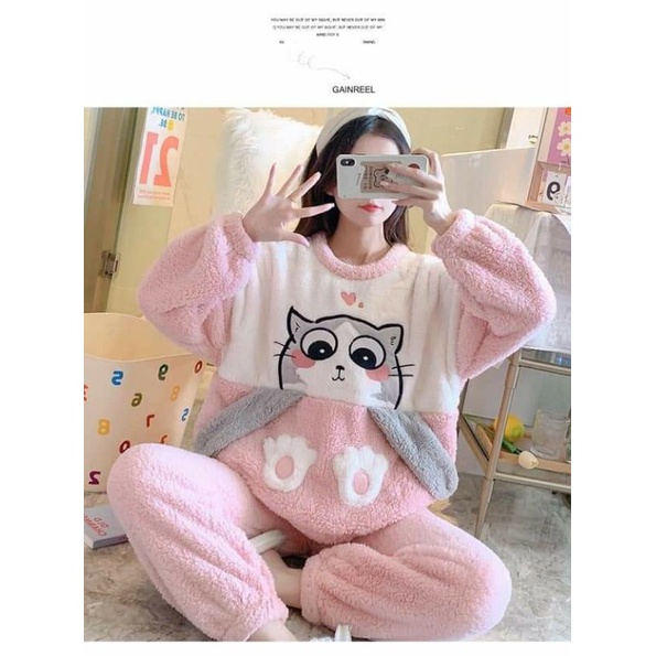 Bộ ngủ mùa đông bộ mặc nhà lông mèo dễ thương lông dày mặc ấm lên dáng xinh | BigBuy360 - bigbuy360.vn