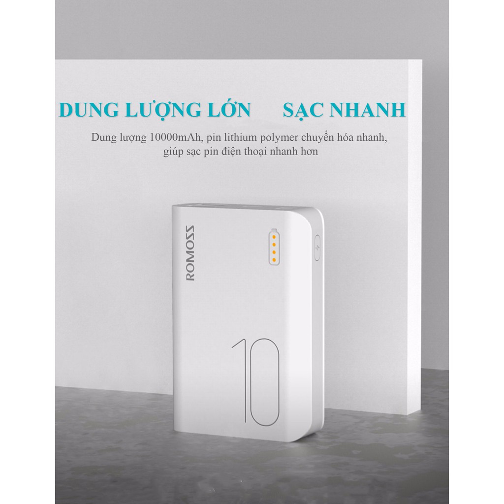 [BẢO HÀNH 1 ĐỔI 1 ]Pin sạc dự phòng 10000mAh Romoss sense 4 mini nhỏ gọn cực mỏng dễ dàng bỏ túi 2 cổng USB 3 cổng sạc