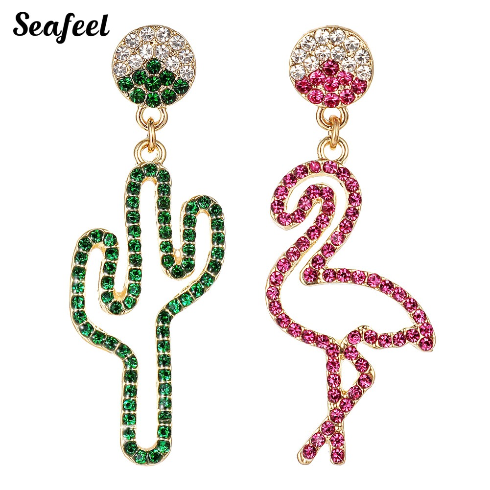 SF Hollow Rhinestone Cactus Flamingo Dangle Asymmetric Stud Earrings Jewelry