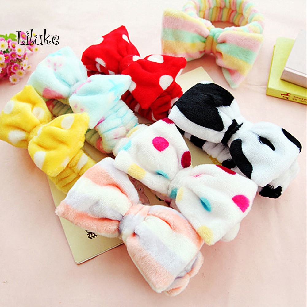Women Bowknot Soft Fleece Elastic Makeup Cosmetic Hair Band Headband