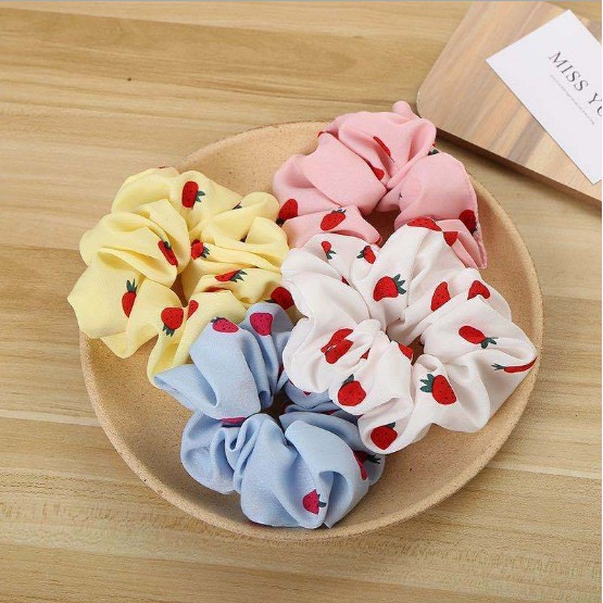 Dây buộc tóc Scrunchies lụa thời trang in hình quả dâu tây