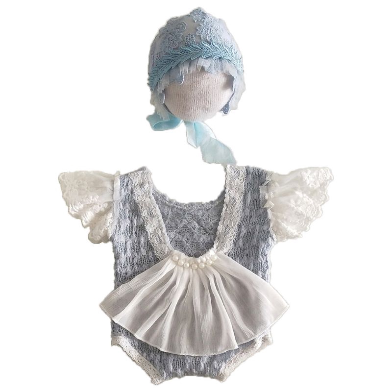 Mary☆2Pcs Newborn Photography Props Suit Lace Romper + Hat Set Knit Outfits Clothing