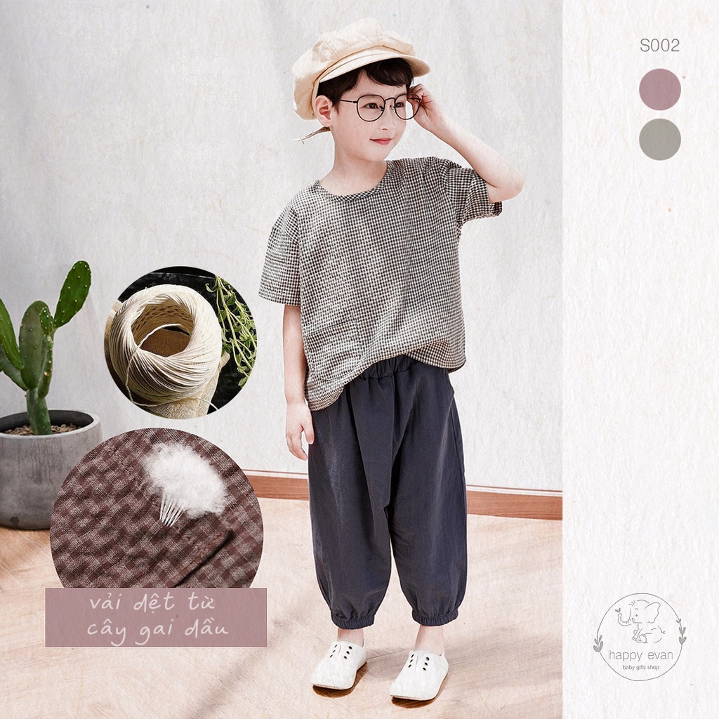 [Happy Evan] Set áo caro vải hemp + quần harem phong cách Nhật, vô cùng nhẹ nhàng, thoáng mát, cá tính cho bé đi chơi.