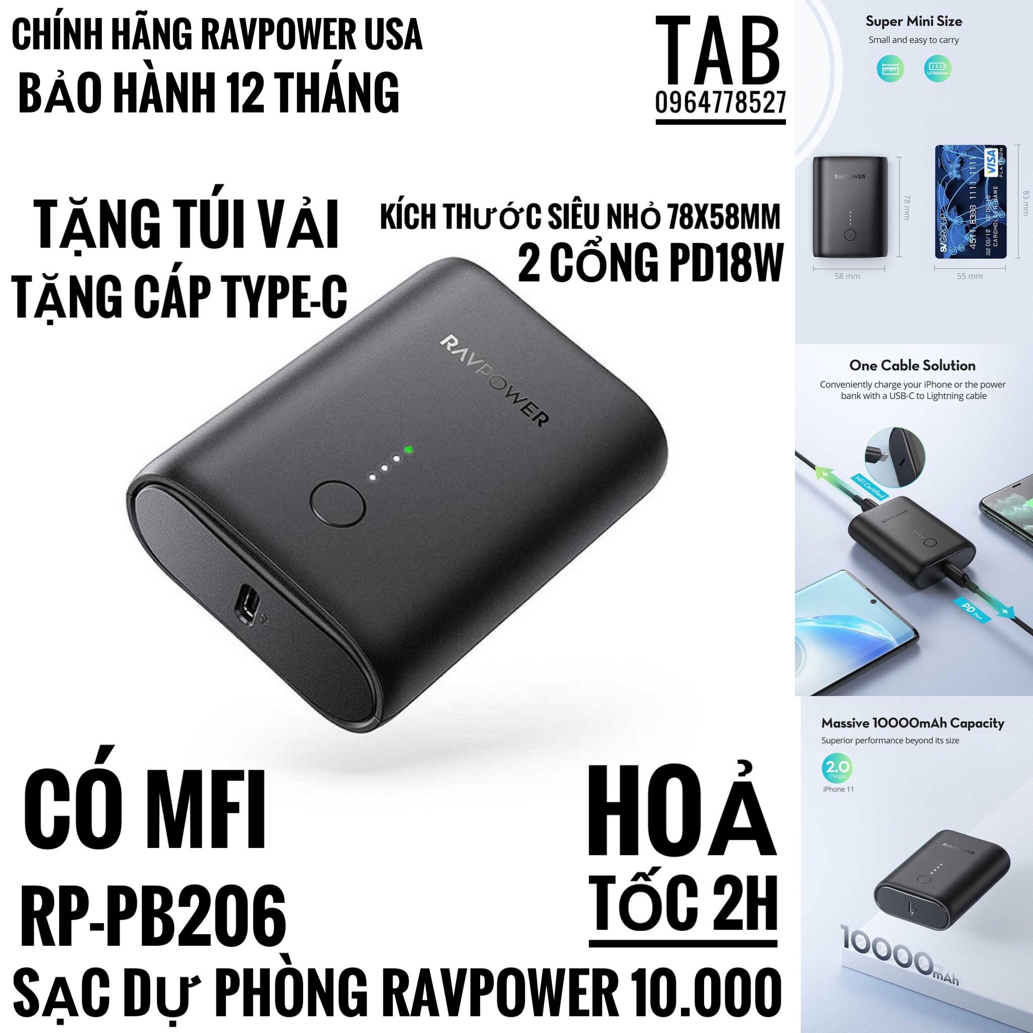 Sạc Dự Phòng RavPower 10.000 18w Có MFI Chính Hãng (RPPB206)