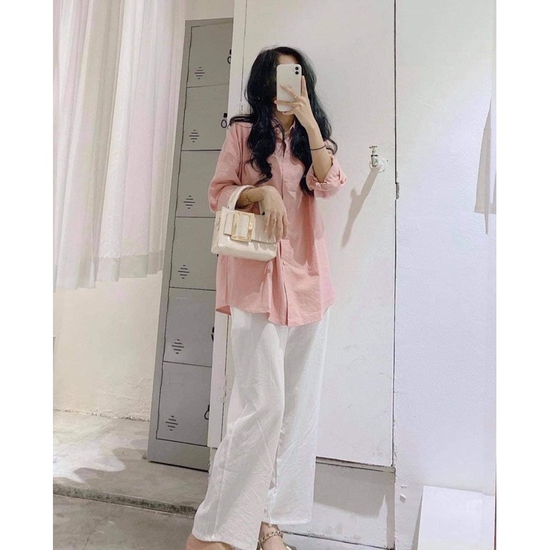 Set đồ nữ 🌸FREESHIP🌸 Set quần áo nữ  sơ mi thun dài tay mix quần trắng đũi ullzang HOLA.STORE