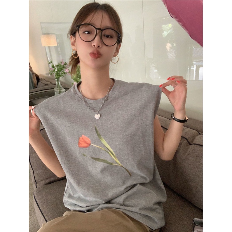 Jiashucheng Áo Thun Nữ Không Tay In Hình Hoa Tulip Phong Cách Hàn Quốc Mới