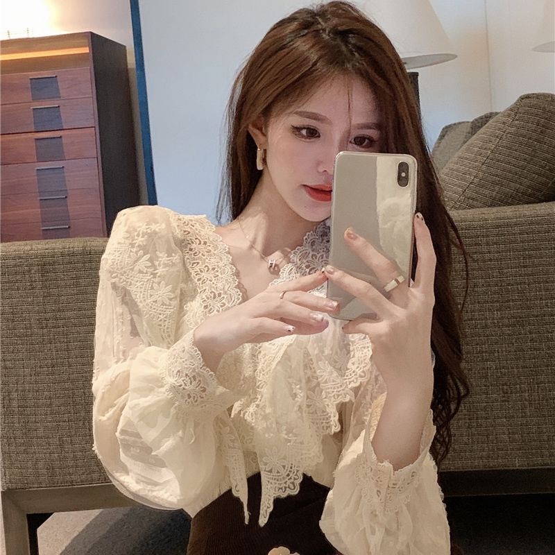 Áo Sơ Mi Tay Dài Cổ Chữ v Phối Ren Phong Cách Phương Tây Dành Cho Nữ