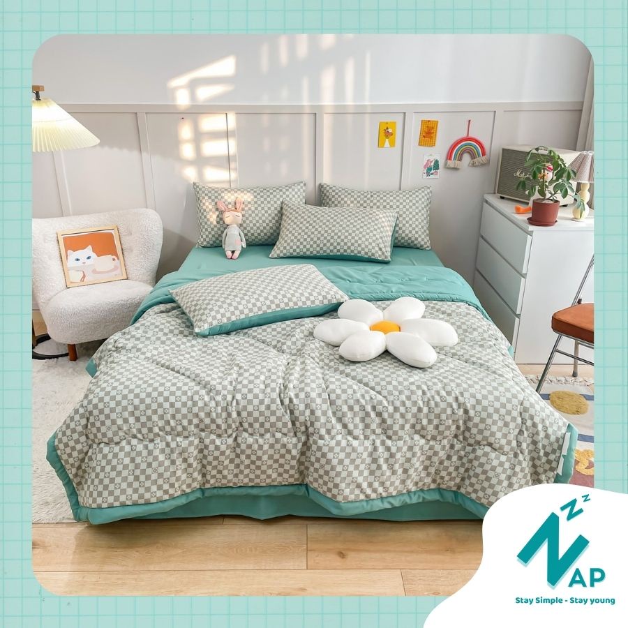 Bộ Chăn Chần Ga Gối 4 Món Cotton Đũi Caro Kẻ Vintage Tối Giản Thoáng Mềm Cao Cấp Nhập Khẩu Size m6 m8 2m2 Napbedding