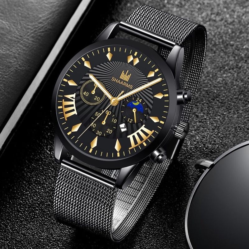 [Men Fashion Round Big Dial Date Calendar Simple Style Watches] [Men Stainless Steel Mesh Belt Quartz Watch] [Men Minimalist Business Watch]