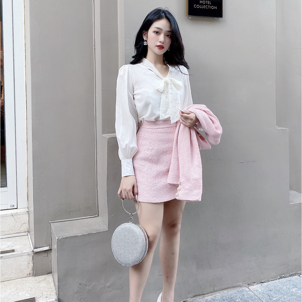 Áo sơ mi nữ lụa mềm mát cổ nơ đính ngọc công sở HILA (Mã SP: A950)