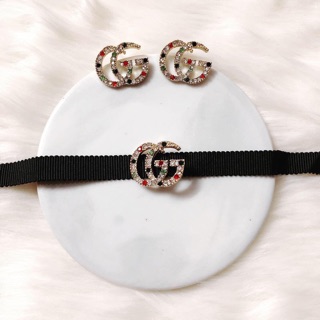 Set bông tai & chocker Gucci đính đá nhiều màu