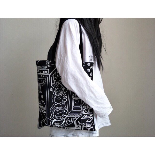 Túi tote vải dệt canvas in hình chibi ngộ nghĩnh đen trắng