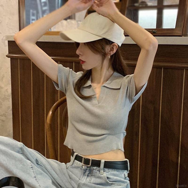 Áo Dệt Kim Ngắn Tay Cổ Chữ V Màu Trơn Thời Trang Cho Nữ
