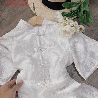 🎀 Đầm trắng gấm xòe cổ sườn xám 💟