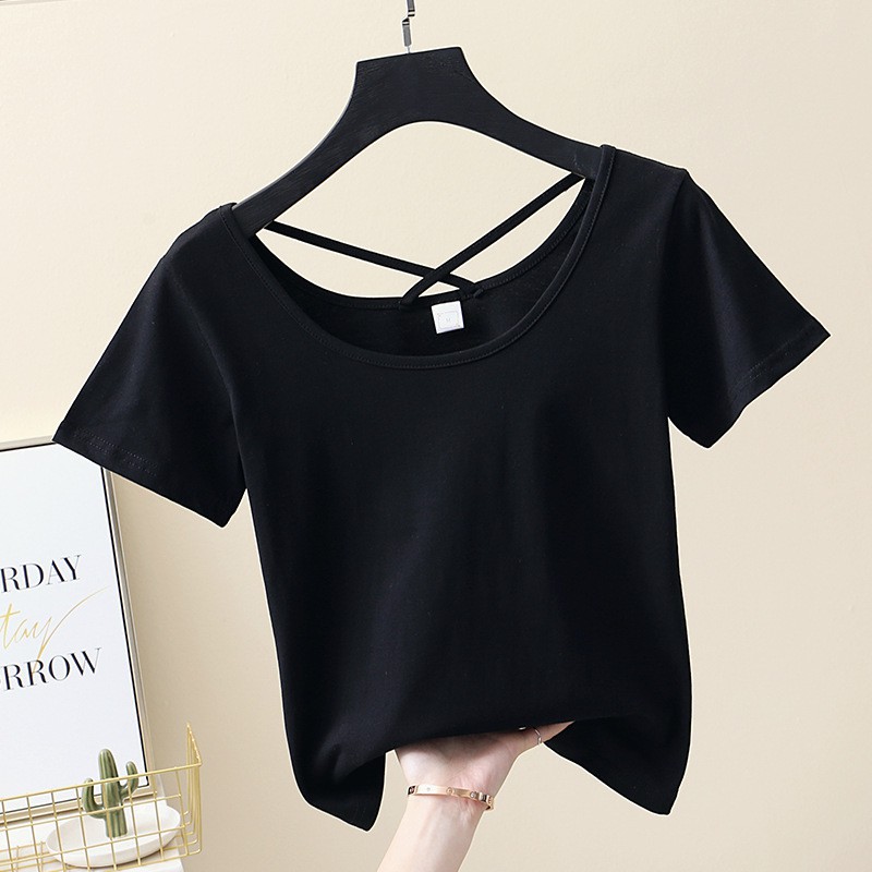 Áo croptop nữ trơn cotton cổ lưng đan chéo phong cách Hàn Quốc - LUT