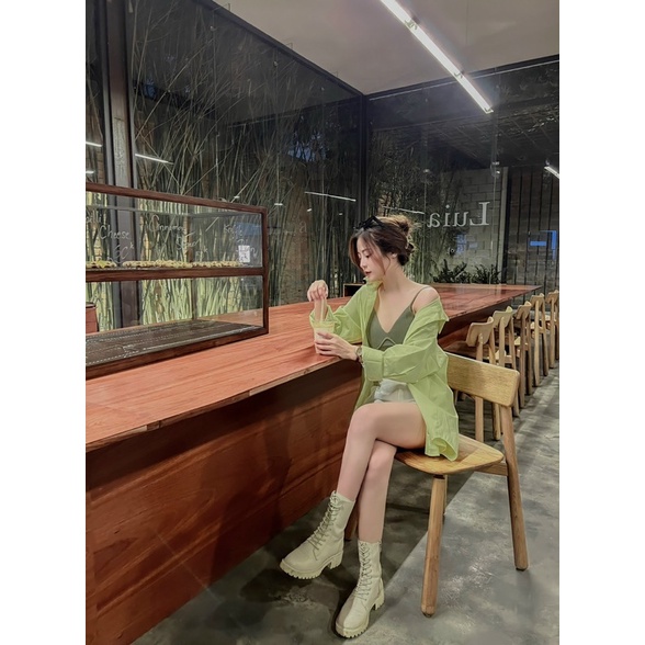 SET ÁO SƠ MI XANH + ÁO CROPTOP XANH 2 DÂY + QUẦN SHORT