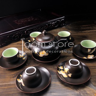 Ấm trà Bát Tràng vẽ hoa sen chìm dáng chóp (Bộ ấm chén trên không kèm khay như hình)