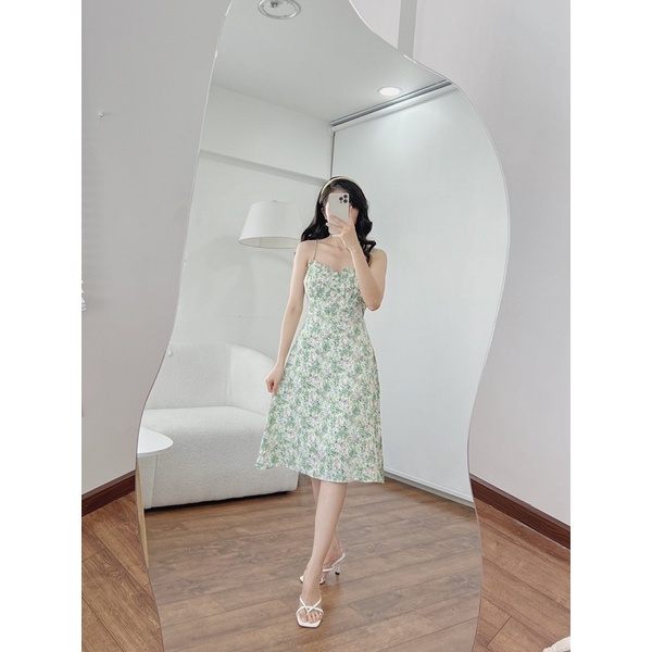 Set đầm hoa 2 dây kèm khoác xanh mint