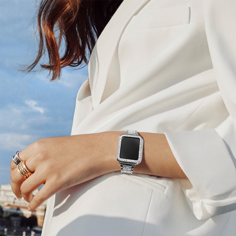 Dây Đeo Đồng Hồ Bằng Thép Không Gỉ Đính Kim Cương Giả Cho Apple Watch SE 6 5 4 Band 40Mm 44Mm Iwatch 38mm 42Mm