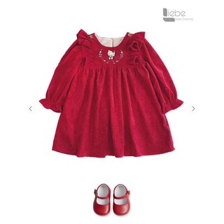 Váy nhung Liebe thêu mèo Hello Kity màu đỏ bé gái - linhnahouse