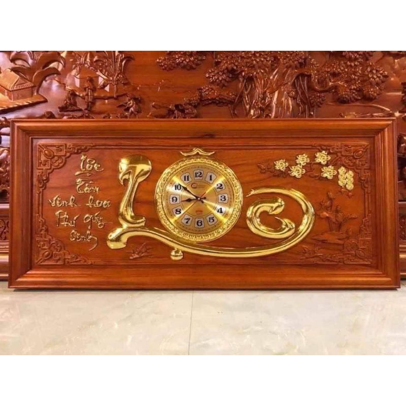 Tranh đồng hồ treo tường chữ lộc bằng gỗ hương