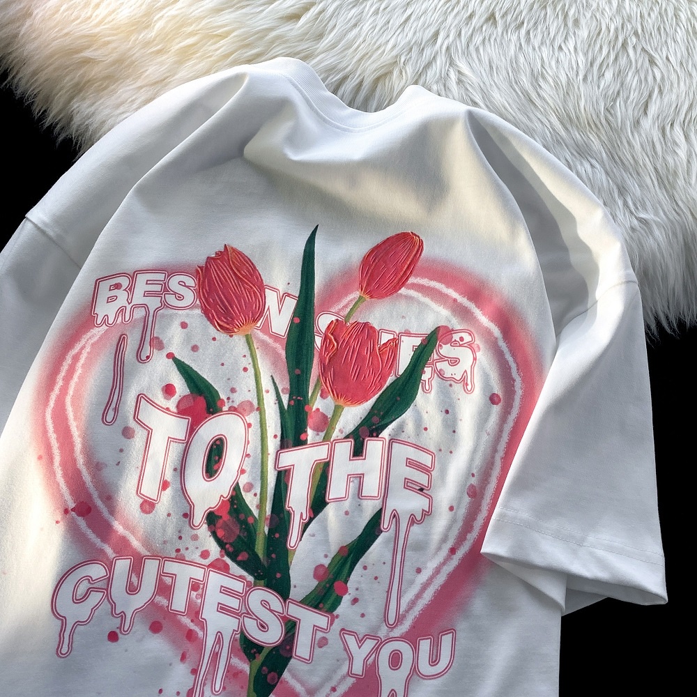 Áo thun ZHELIHANGFEI tay ngắn dáng rộng in hình hoa tulip dễ phối đồ thời trang cho nam nữ