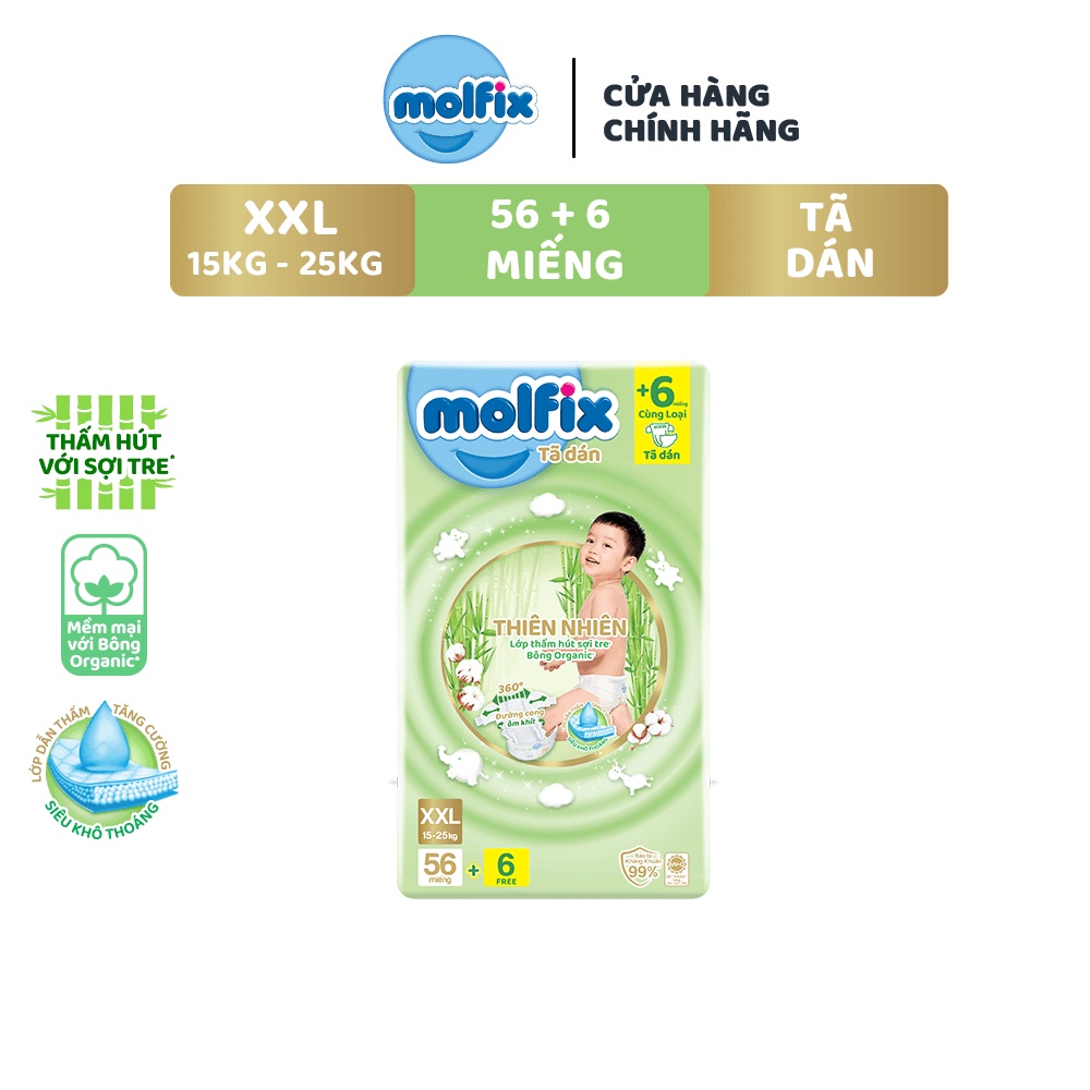 Tã/bỉm dán Molfix Thiên nhiên Super Jumbo XXL (15kg 25kg) Gói 56+6 miếng