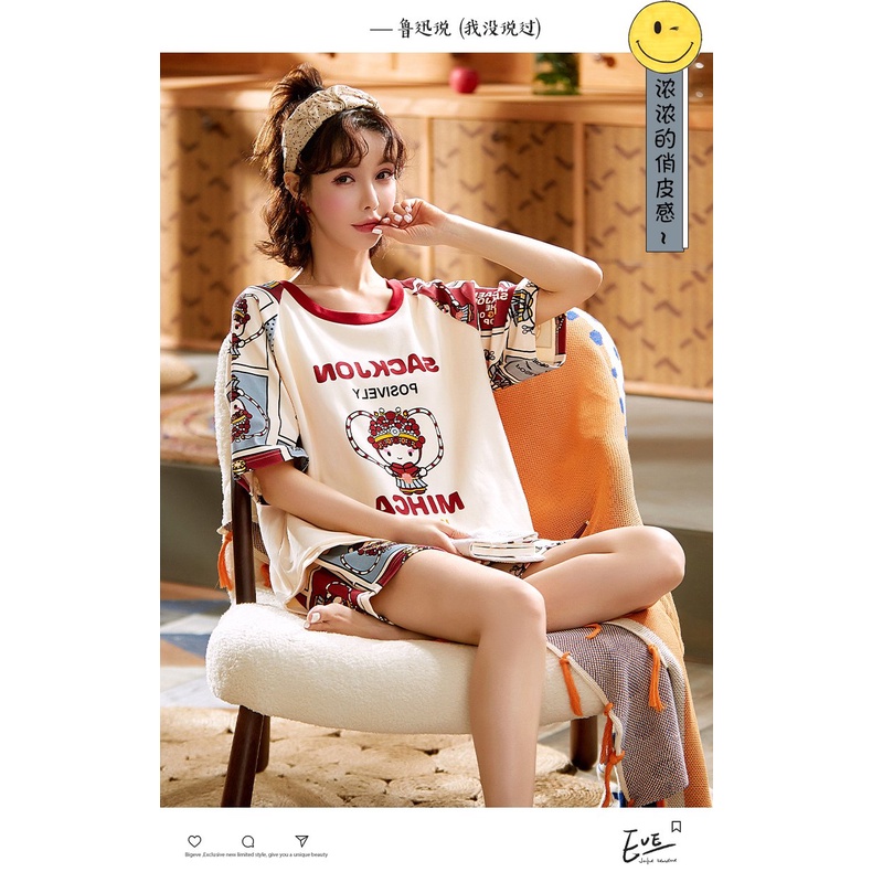Bộ đồ ngủ dễ thương cổ tròn họa tiết cute đồ bigsize dành cho nữ chất thun mềm