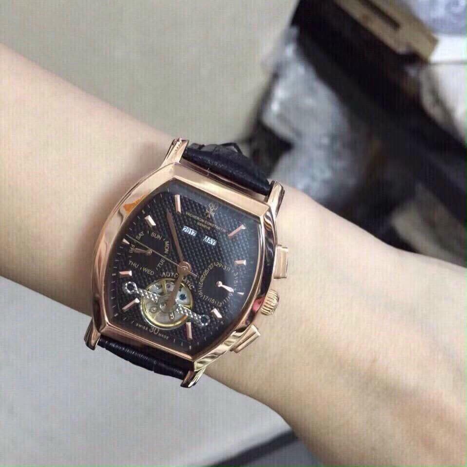 Đồng hồ Nam Vacheron constantin cơ bầu tự động 6kim trăng sao size 40-41 dây da vỏ vàng hồng mặt đen