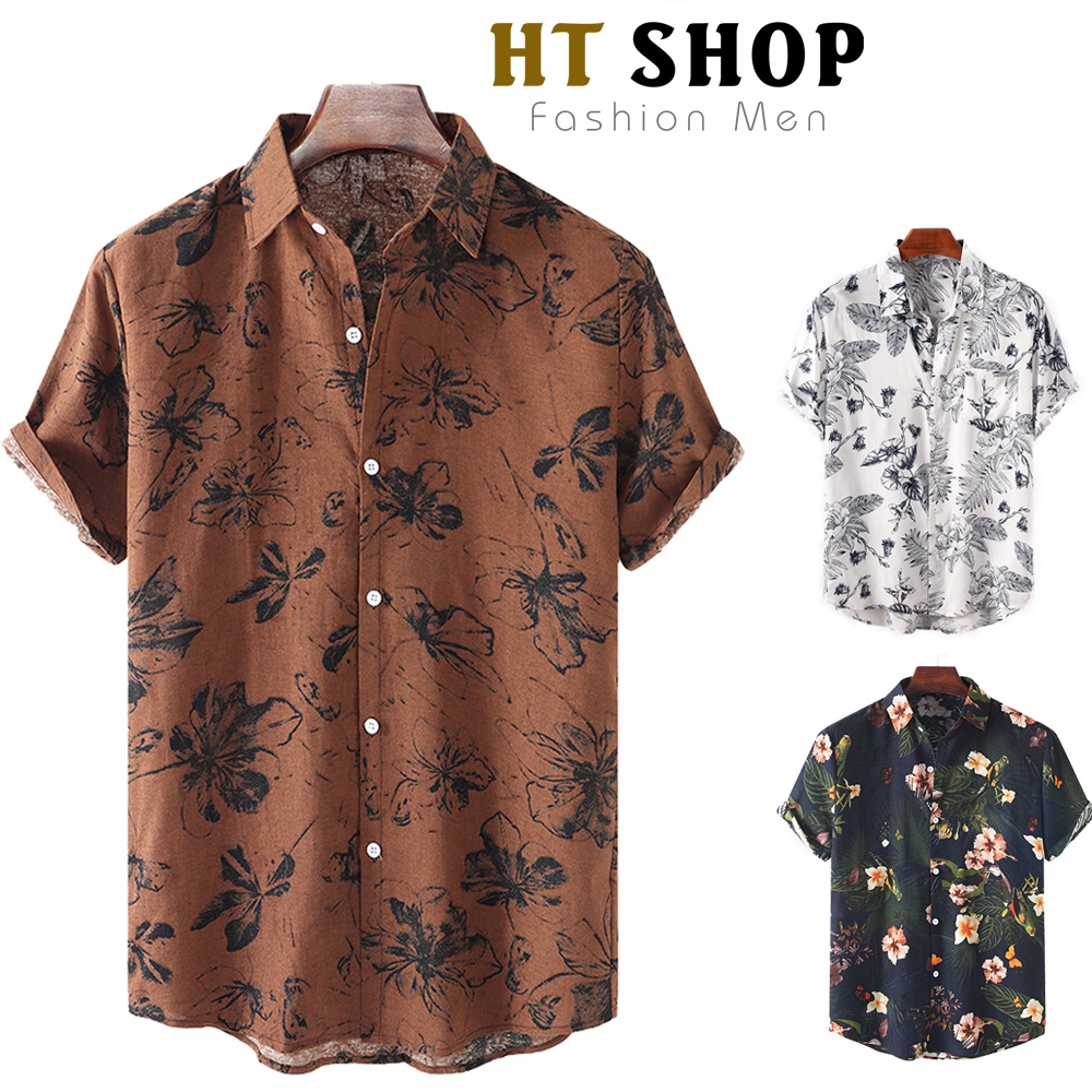 Áo Sơ Mi Nam Họa Tiết Ngắn Tay OT03 Áo Sơ Mi Đi Biển Phong Cách Hàn Quốc Chất Liệu Lụa Đũi Nhật Cao Cấp HT Shop