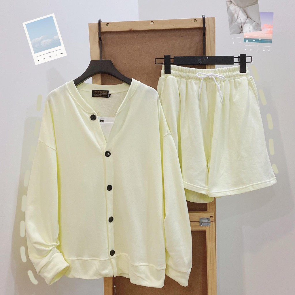 Set Cardigan YAYSHOP dáng rộng basic chất nỉ bông mềm dày dặn - 3 sản phẩm (Áo cardigan + short + bra)