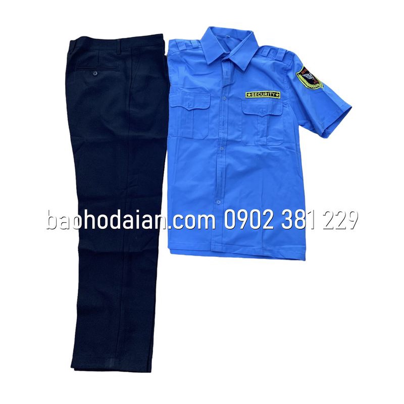 Quần áo bảo vệ màu xanh cộc tay kèm logo tay ngực (quần casme, áo vải xi)