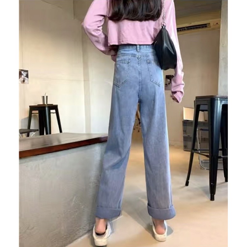 [SẴN] Quần jeans denim dài cạp cao, ống suông, có nút gài eo quần bò thần thánh kéo dài chân
