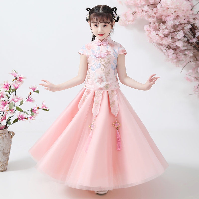 Bộ Đầm Sườn Xám Tay Ngắn Phong Cách Trung Hoa Thời Trang Mùa Hè Xinh Xắn Cho Bé Gái